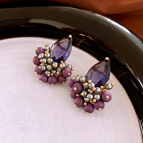 Purple Teardrop Zircon Drop Earrings Copper Beaded Retro Bohemian Geometric Luxury Jewelry With Silver Earring Post