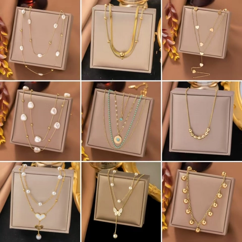 Layered Heart Pendant Necklace Titanium Steel Gold Plated Artificial Pearl Turquoise Shell Elegant Jewelry For Women