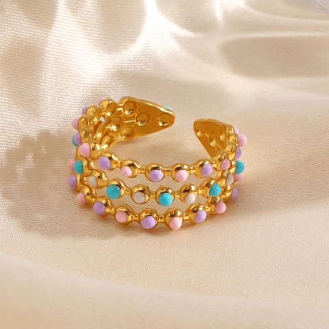 Stainless Steel Three Layer Enamel Round Bead Open Adjustable Ring Colorful Geometric Fashion Chic Jewelry For Women