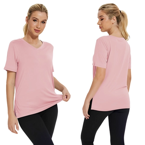 Damen V-Ausschnitt T-Shirt Polyester Einfarbig Locker Kurzarm Seitenschlitz Lässige Sportliche Oberteile