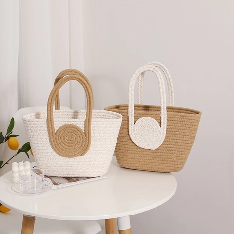Women Woven Handbag Cotton Rope Straw Tote Bag With Spiral Circular Handle For Beach Vacation Minimalist Daily Casual