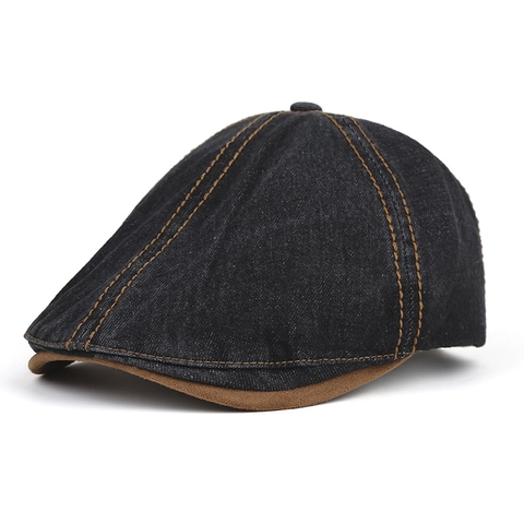Vintage Britischer Stil Schirmmütze Denim Wildlederimitat Baskenmütze Ivy Hut Kontrastnähte Verstellbar Lässige Flache Kappe