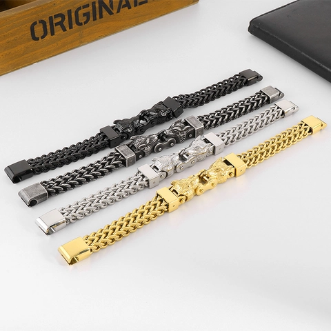 Bracciale Da Uomo Doppia Testa Di Lupo Acciaio Inossidabile Catena Moto Punk Hip Hop Gioielli Retro