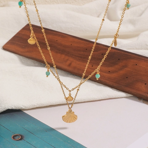 Collier Multi Rangs Acier Inoxydable Pendentifs Coquille Pierre Naturelle Perles Bijoux Plage Été Pour Femmes