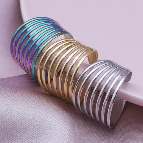 Multi-Layer Parallel-Linien Geometrischer Verstellbarer Offener Ring Minimalistischer Edelstahlschmuck Für Herren Damen
