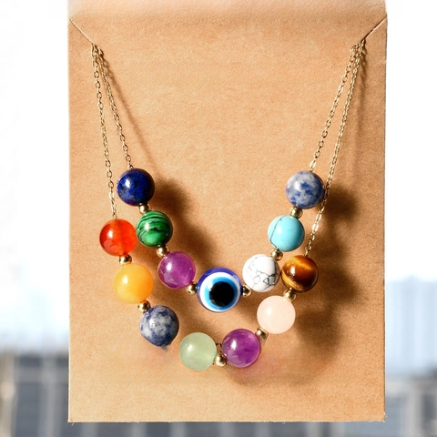 Evil Eye Natural Stone Rainbow Bead Necklace Stainless Steel 18K Gold Plated Bohemian Jewelry For Women With Wish Card