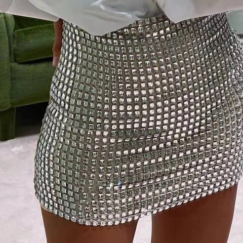 Silver Sequin Mini Skirt Shiny Metallic Bodycon High Waist Party Nightclub Evening Wear Polyester Elastane Slim Fit Sexy