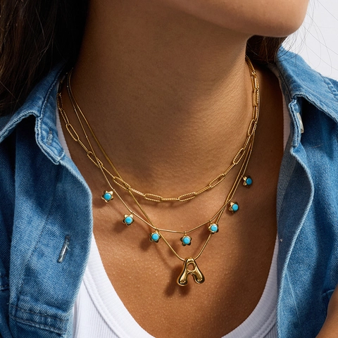 Collier Élégant En Acier Inoxydable Pour Femmes Avec Pendentif Fleur En Pierre Naturelle Turquoise Lettre A Doré