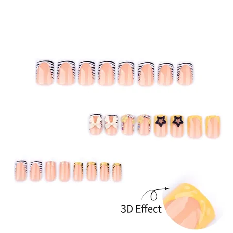 Press On Nails French Zebra Leopard Style With 3D Bow Flower Rhinestone Square False Nails Fashion For Women