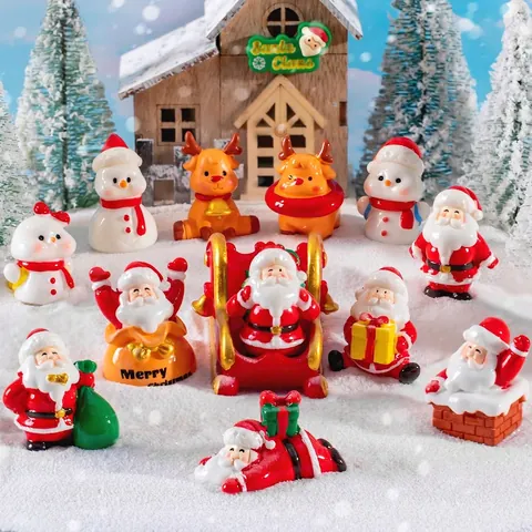 Resin Christmas Micro Landscape Figurines Mini Santa Claus Snowman Reindeer Sleigh Desktop DIY Crafts Holiday Decoration