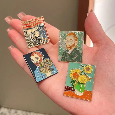 Spilla Smaltata Arte Pittura Famosa Distintivo Lega Zinco Van Gogh Girasole Notte Stellata Gioielli Risvolto Retro Per Zaino Giacca