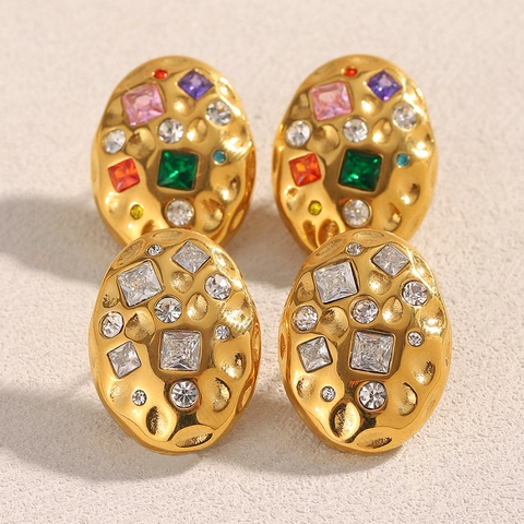 Oval Hammered Stud Earrings Stainless Steel 18K Gold Plated Luxury Cubic Zirconia Vintage Style Jewelry For Women