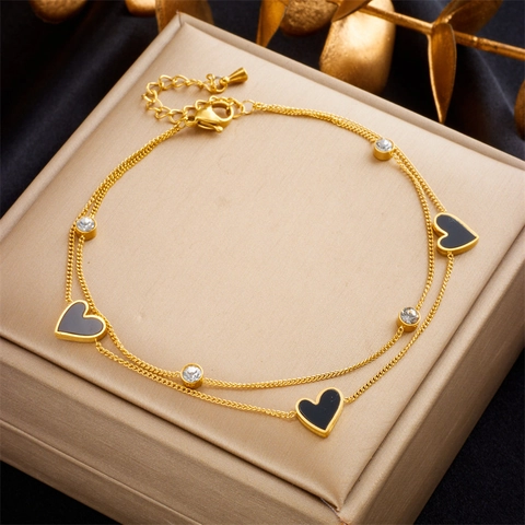 Fashionable Double Layer Stainless Steel Heart Anklet For Women Simple Rhinestone Inlaid Gold Plated Foot Chain Jewelry Gift