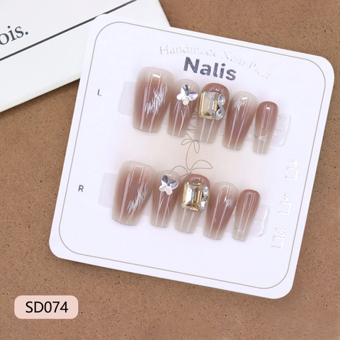 Handmade Coffin Press On Nails Blush Gradient Butterfly Rhinestone Elegant ABS Plastic Glue On Nails For Women