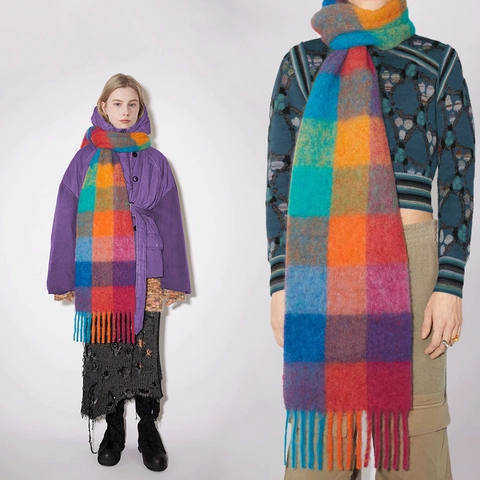 Dames Ruit Franje Sjaal Imitatie Kasjmier Mohair Dikke Warme Winter Sjaal Grote Omslagdoek Zacht Tassel Rooster Patroon Herfst Accessoires