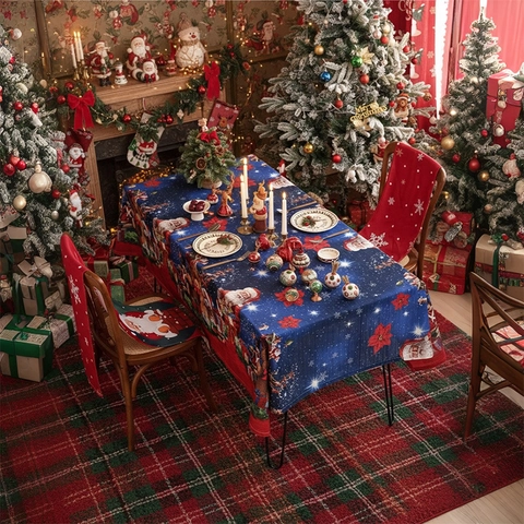 Christmas Tablecloth Waterproof Polyester Rectangular Santa Snowman Tree Printed Table Cover Holiday Party Home Dining Decor