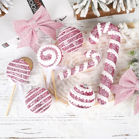 Adornos Colgantes Para Árbol De Navidad Espuma Brillante Bastón De Caramelo Piruleta Bola Lazos Decoración
