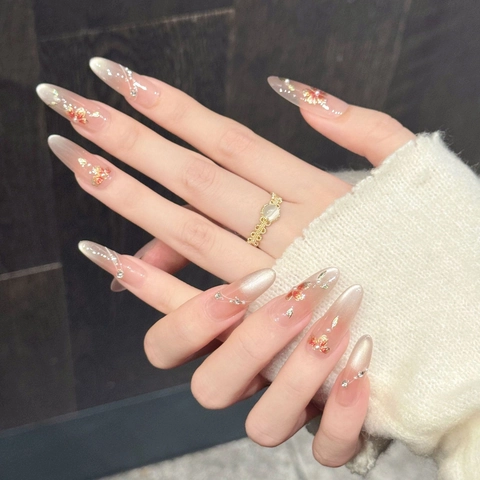 Uñas Postizas Hechas A Mano Ojo De Gato Degradado Rosa Nude Mariposa Floral Pintado A Mano Perla Artificial Estrás Ovaladas