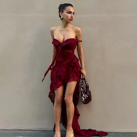 Vestito Sexy In Pizzo Da Donna Orlo Irregolare Spalle Scoperte Schiena Scoperta Volant Festa Lungo