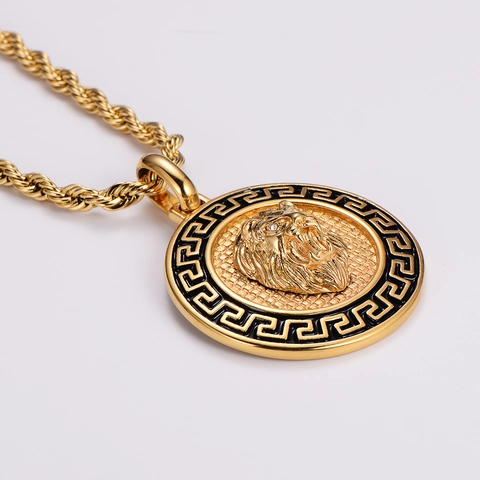Hip Hop Lion Head Pendant Necklace With Greek Key Pattern 18K Gold Plated 316L Stainless Steel Rope Chain For Men