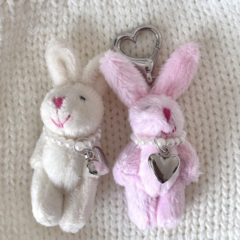 Mignon Porte-Clés Lapin En Peluche Collier Künstliche Perles Pendentif Coeur Décoration Sac À Main Filles Femmes