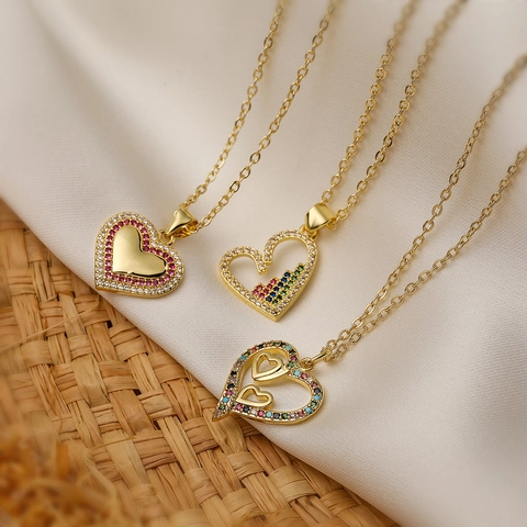 Heart Pendant Necklace 18K Gold Plated Copper Colorful Zircon Commute Minimalist Fashion Jewelry For Women