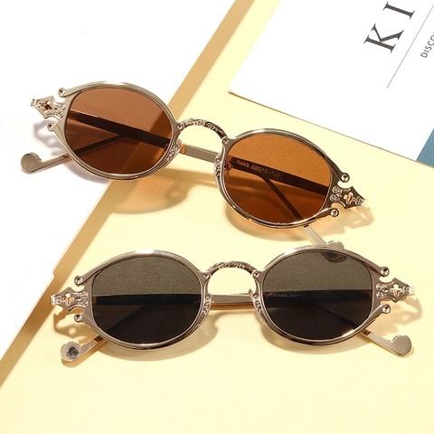 Retro Ovale Sonnenbrille Metallrahmen Graviert Gothic Punk Stil UV400 Brillenzubehör Für Damen Herren