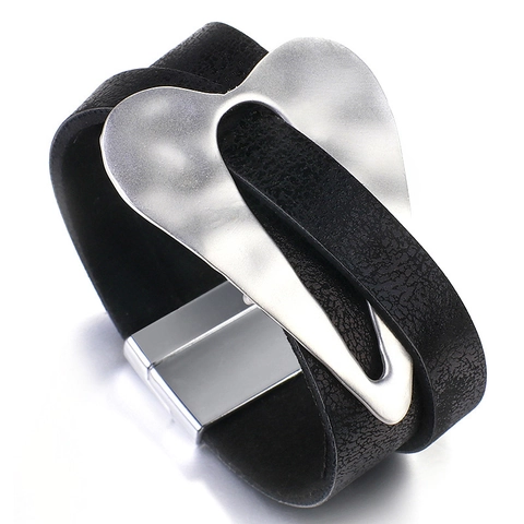 Kunstleder Legierung Armband Herz Anhänger Magnetverschluss Breit Manschette Strukturiert Geometrisch Wickel Schmuck