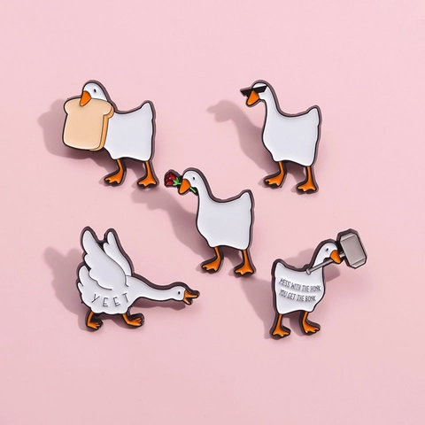 Ensemble De Broches En Émail Oie Blanche Dessin Animé Drôle Alliage Animal Meme Badge Épingle À Revers Bijoux