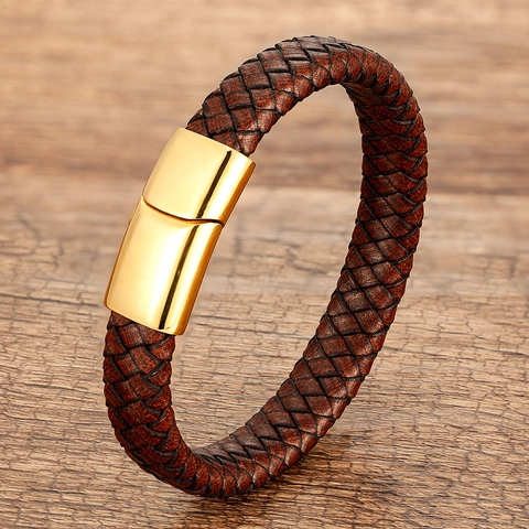 Woven Leather Rope Bracelet Stainless Steel Magnetic Clasp Retro Vintage Punk Style Braid Wristband For Men Women