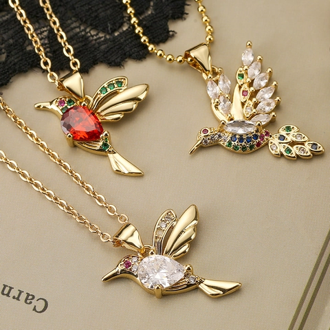 Collana Con Ciondolo A Forma Di Colibrì Rame Placcato Oro Zirconia Cubica Gioielli Animali Brillanti Moda Elegante Donne