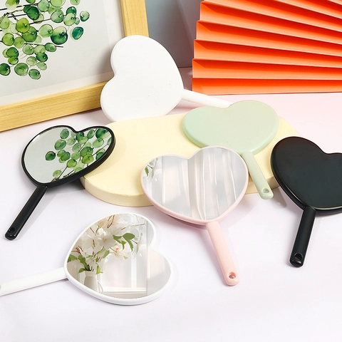 Heart Shaped Handheld Makeup Mirror Plastic Frame Portable Mini Vanity Cosmetic Mirror With Handle For Travel Daily Use