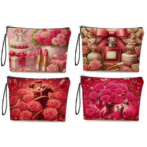 Borsa Cosmetica Romantica In Lino Stampato Con Rose San Valentino Pochette Trucco Con Cerniera Organizzatore Da Viaggio