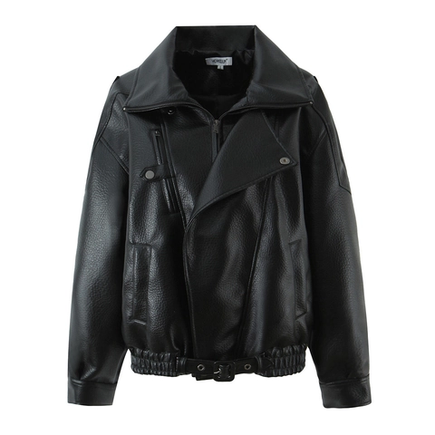 Women Faux Leather Motorcycle Jacket Zip Pocket Belted Hem Vintage PU Biker Coat Long Sleeve Streetwear