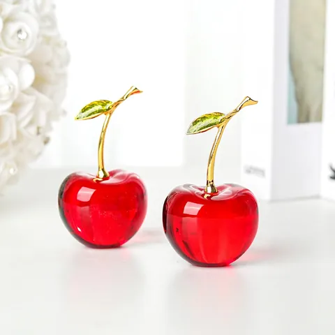 Figura De Cereza De Cristal Roja Adorno De Escritorio Con Tallo De Metal Dorado Y Hoja Verde Decoración De Mesa Elegante