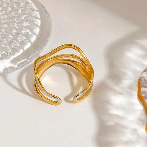 Multi Layer Wasserwelle Ring Edelstahl Zwei Farbtöne Gold Silber Welle Geometrisch Offen Verstellbar Schmuck Für Frauen