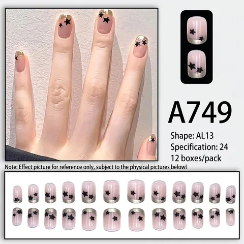 Uñas Postizas Con Diseño De Estrellas Estilo Francés Rosa Nude Cortas Redondas Removibles Reutilizables Con Pegamento