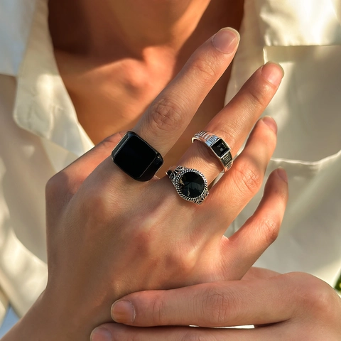 Vintage Alloy Rings Black Oil Drip Geometric Punk Style Hand Jewelry For Men Retro Trendy Accessories