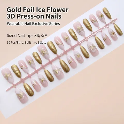 Handmade Press On Nails Relief Flower Gold Foil Fine Glitter Elegant Reusable Removable Artificial False Nails Women