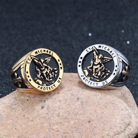 Archangel St Michael Signet Ring 316L Stainless Steel Religious Cross Shield Protection Retro Jewelry For Men