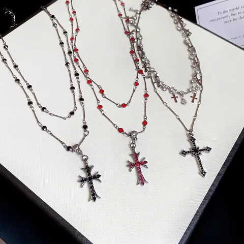 Collana Con Pendente A Croce A Doppio Strato Vintage Gotico Lega Intarsiato Strass Vetro Gioielli Donna