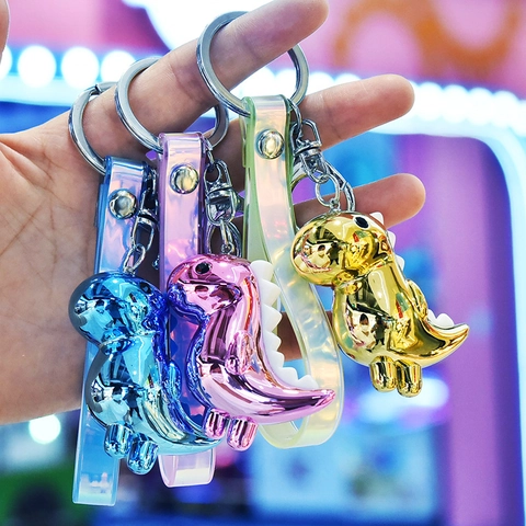 Cute Dinosaur Keychain Mirror Electroplated Pendant With Laser Holographic Wrist Strap For Bag Decoration Cartoon Style