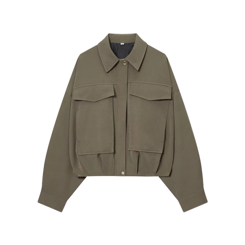 Women Cargo Bomber Jacket Polyester Cropped Long Sleeve Loose Zip Up Pocket Solid Casual Streetwear Military Green