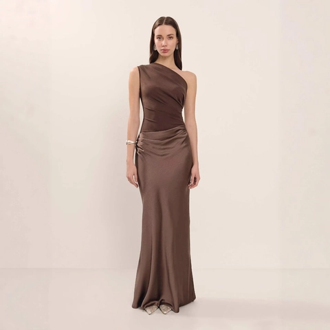 One Shoulder Sleeveless Satin Patchwork Pleated Maxi Dress Elegant Evening Party Bodycon Solid Coffee Brown For Women