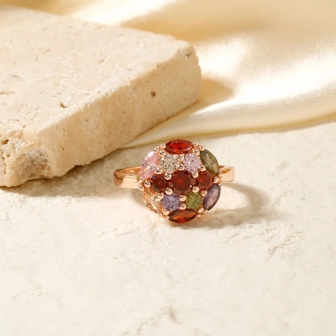 Runder Mehrfarbiger Cluster Zirkonia Kupferring Für Damen Roségold Galvanisiert Geometrischer Modischer Eleganter Schmuck