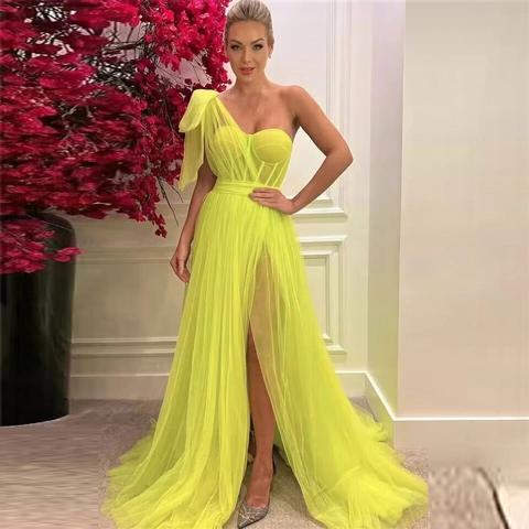 One Shoulder Abendkleid Für Damen Elegante Tüll Robe Mit Großer Schleife Hoher Schlitz Sexy Party Abschlussball Kleidung