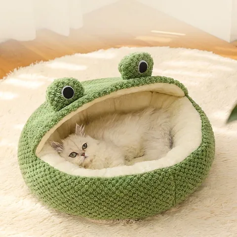 Pet Bed Nest Warm Plush Frog Christmas Fruit Styles Semi-enclosed Cat Cave Washable Round Dog Mattress