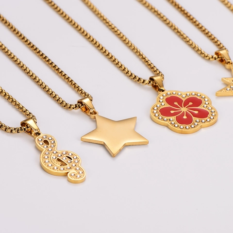 Pendant Necklace 304 Stainless Steel Gold Plated Enamel Rhinestone Star Flower Musical Note Lock Fashion Jewelry Women