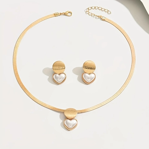 Fashion Alloy Artificial Pearl Heart Pendant Necklace And Earrings Rhinestone Snake Bone Chain Jewelry For Women Gift
