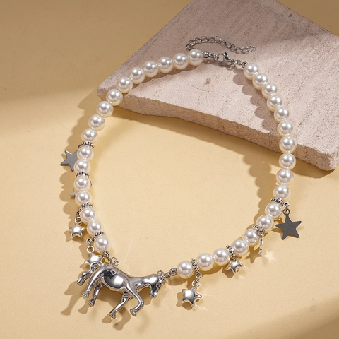 Collana Di Künstliche Perle Sintetiche Con Ciondolo Cavallo In Lega Argento E Ciondoli A Stella Gioielli Di Moda Retro Per Donne